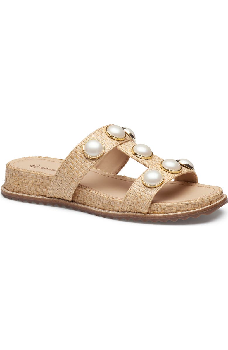 Johnston & Murphy Chandler Embellished Wedge Slide Sandal, Main, color, Natural Raffia