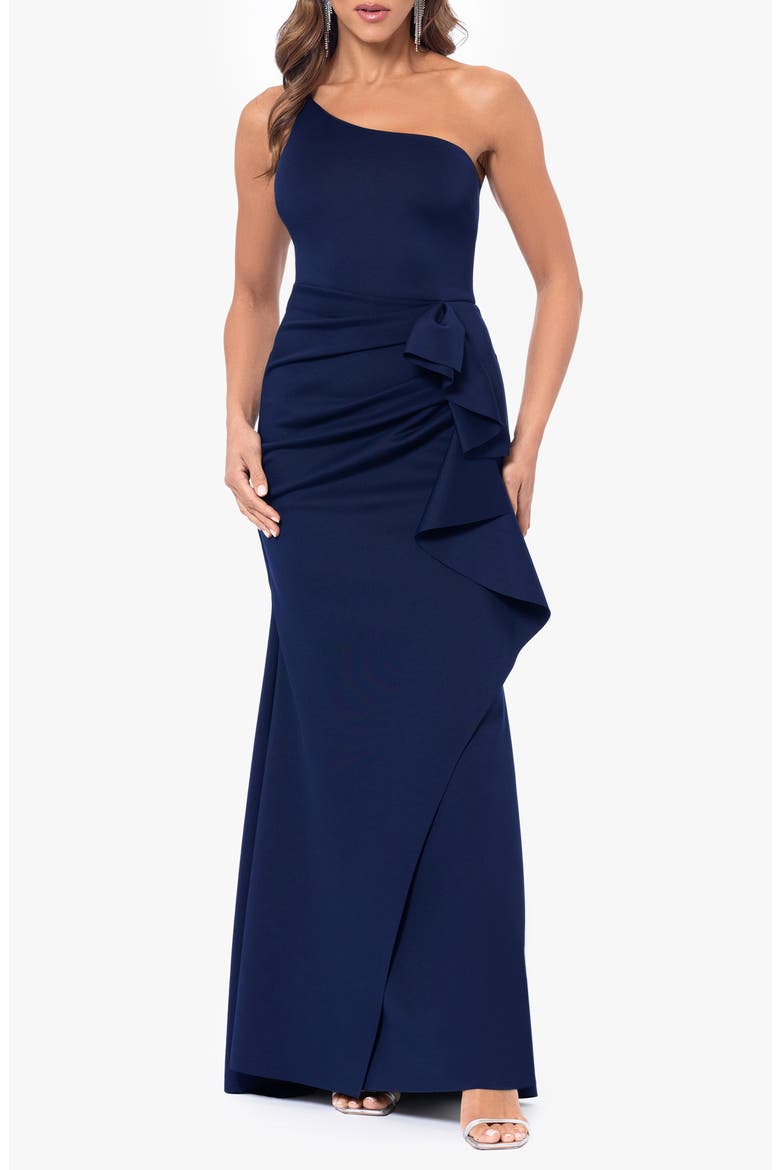 Ruffle One-Shoulder Scuba Knit Gown, Main, color, MIDNIGHT