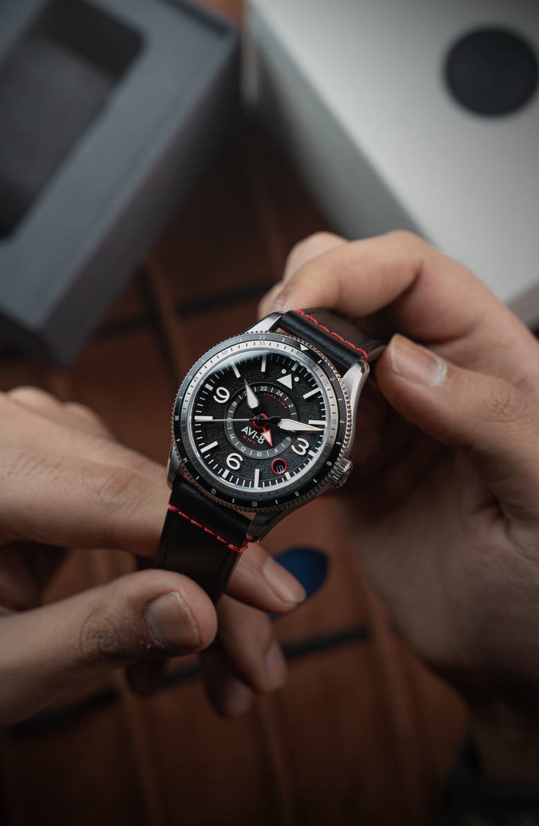 AVI-8 Flyboy Airmaster GMT Leather Strap Watch, 40mm, Alternate, color, Black