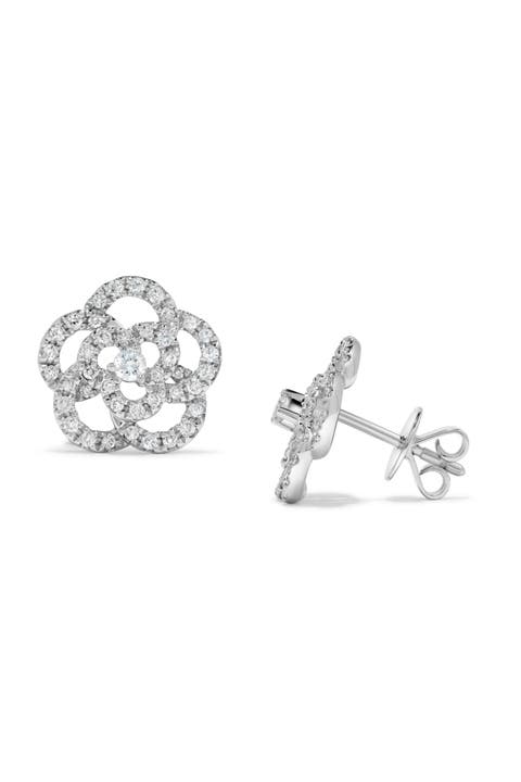 Floral Diamond Stud Earrings in 18K White Gold