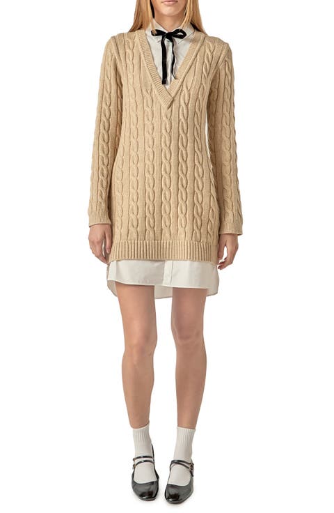 Mixed Media Cable Stitch Long Sleeve Sweater Dress