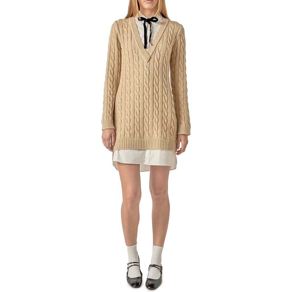 English Factory Mixed Media Cable Stitch Long Sleeve Sweater Dress In Gray