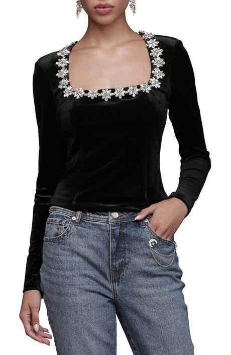 Avec Les Filles Jewel Embellished Velour Top