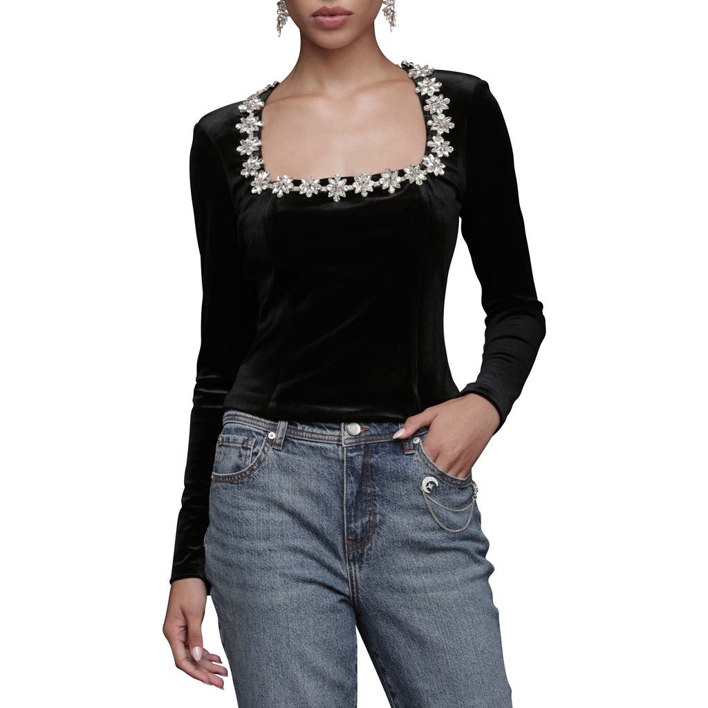 Avec Les Filles Jewel Embellished Velour Top In Black