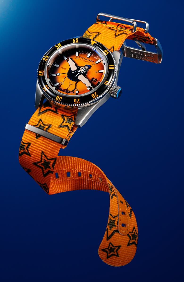 SPINNAKER x Popeye Fleuss Bronemies Automatic Silicone & Nylon Strap Watch, 43mm, Alternate, color, Yellow