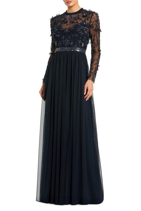 Embellished Illusion High Neck Long Sleeve Gown