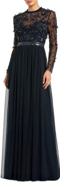 Mac Duggal Petite Embellished Illusion High Neck Long Sleeve Gown