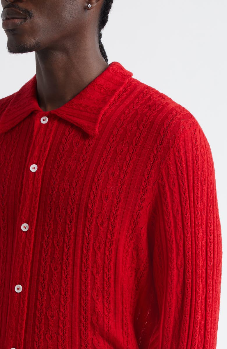 Séfr Riku Merino Wool Cable Knit Button-Up Shirt, Alternate, color, Ruby Merino
