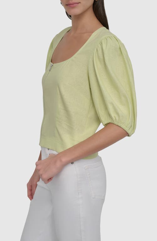 Shop Dkny Front Zip Puff Sleeve Crop Linen Blend Top In Tea Green