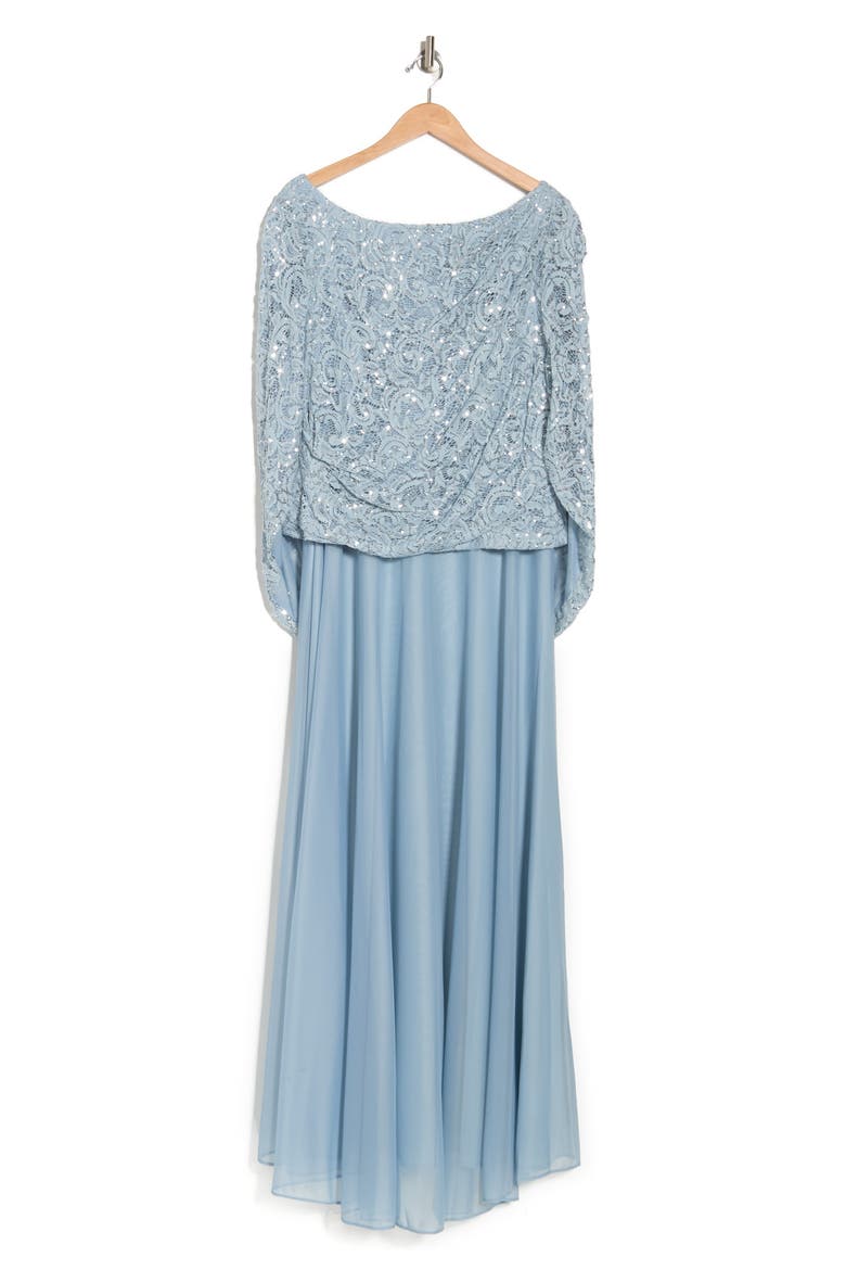 Lace Chiffon Capelet Gown, Alternate, color, SKY