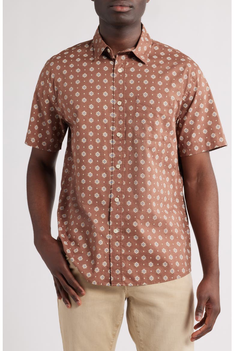 Shoreline National Park Print Short Sleeve Cotton Button-Up Shirt, Main, color, GEO RED BROWN