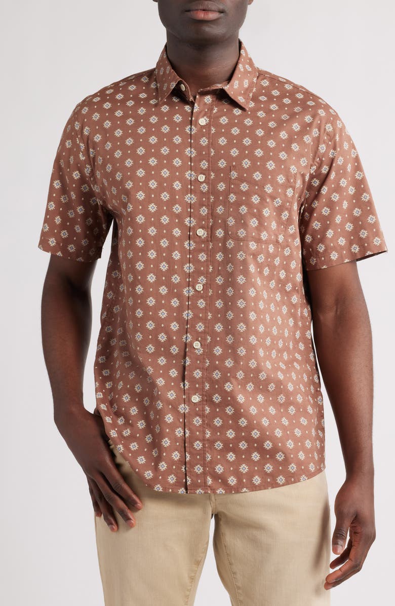 Pendleton Shoreline National Park Print Short Sleeve Cotton Button-Up Shirt, Main, color, Geo Red Brown