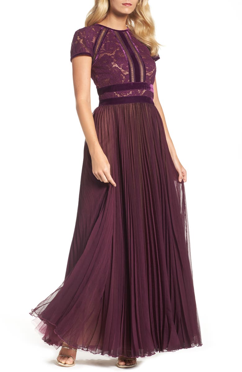 Tadashi Shoji Pleated Lace & Chiffon Gown, Main, color,