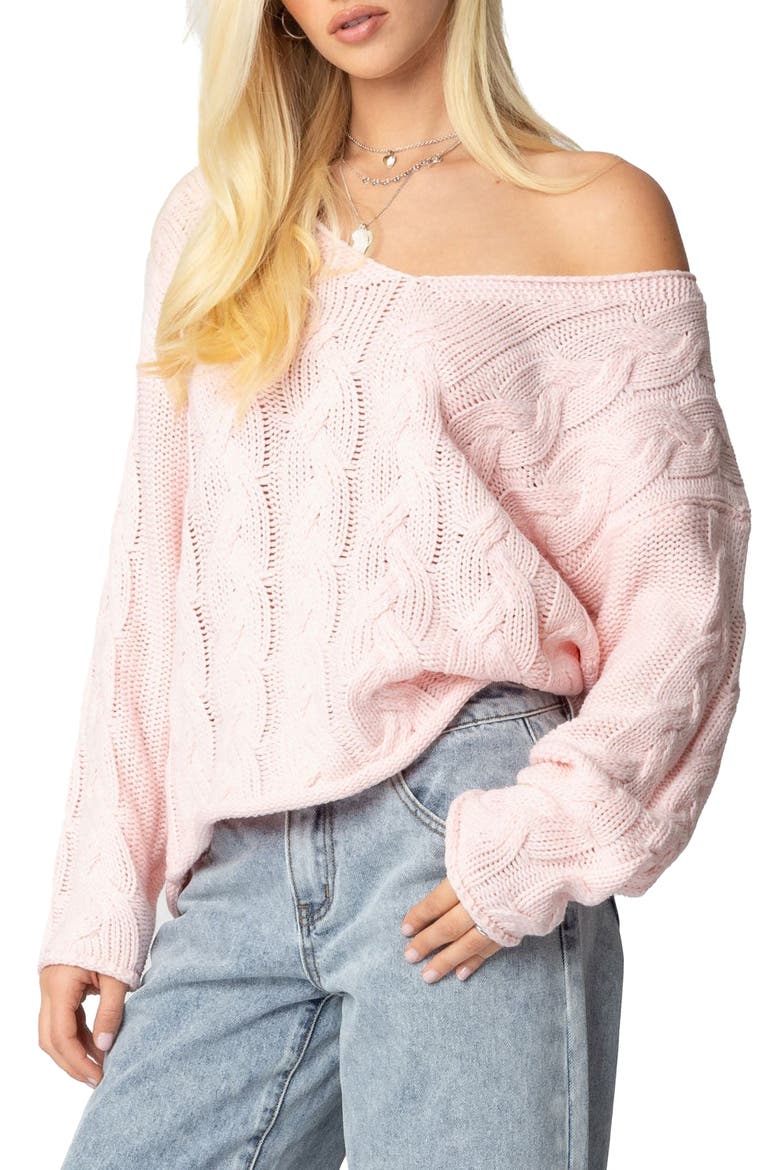 Inga Oversize V-Neck Cable Sweater, Main, color, LIGHT-PINK