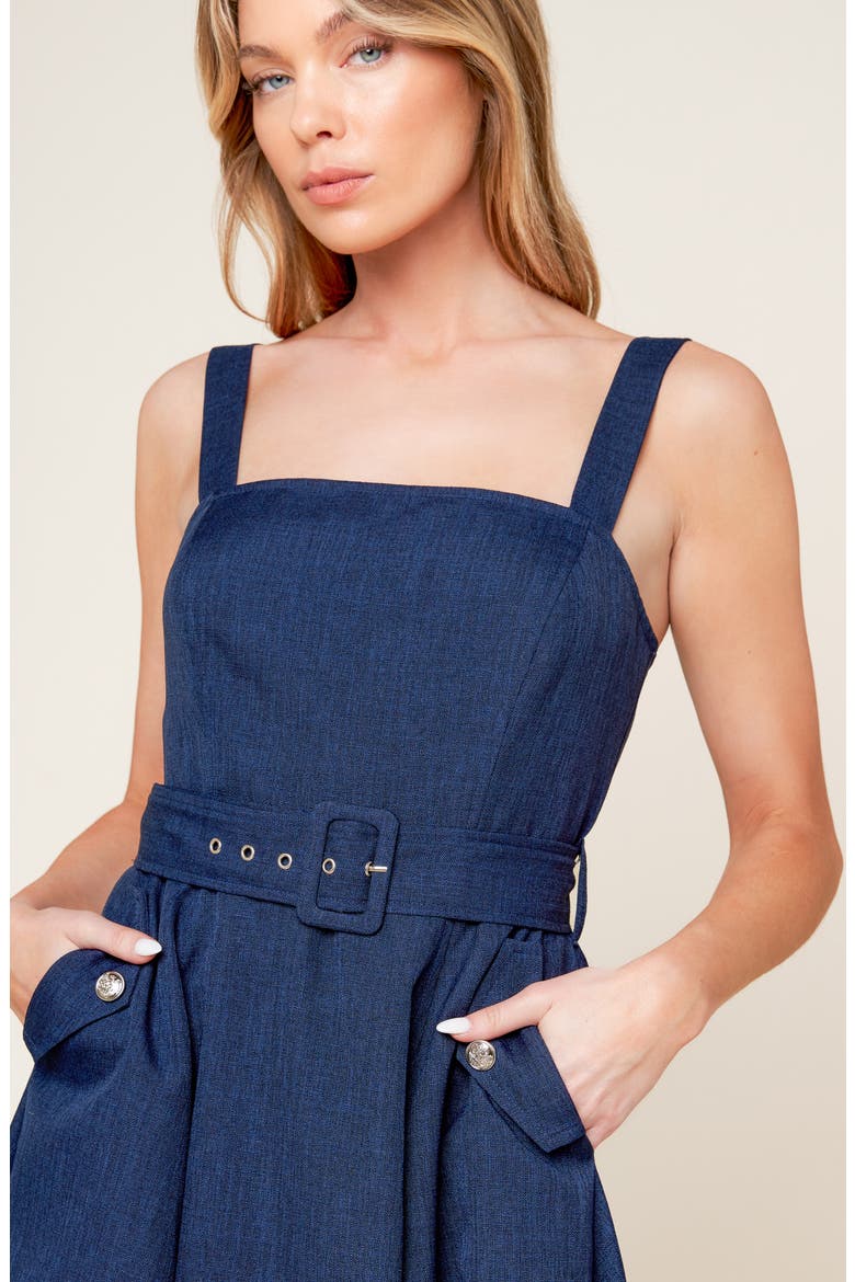Square Neck Belted Fit & Flare Midi Dress, Alternate, color, NAVY