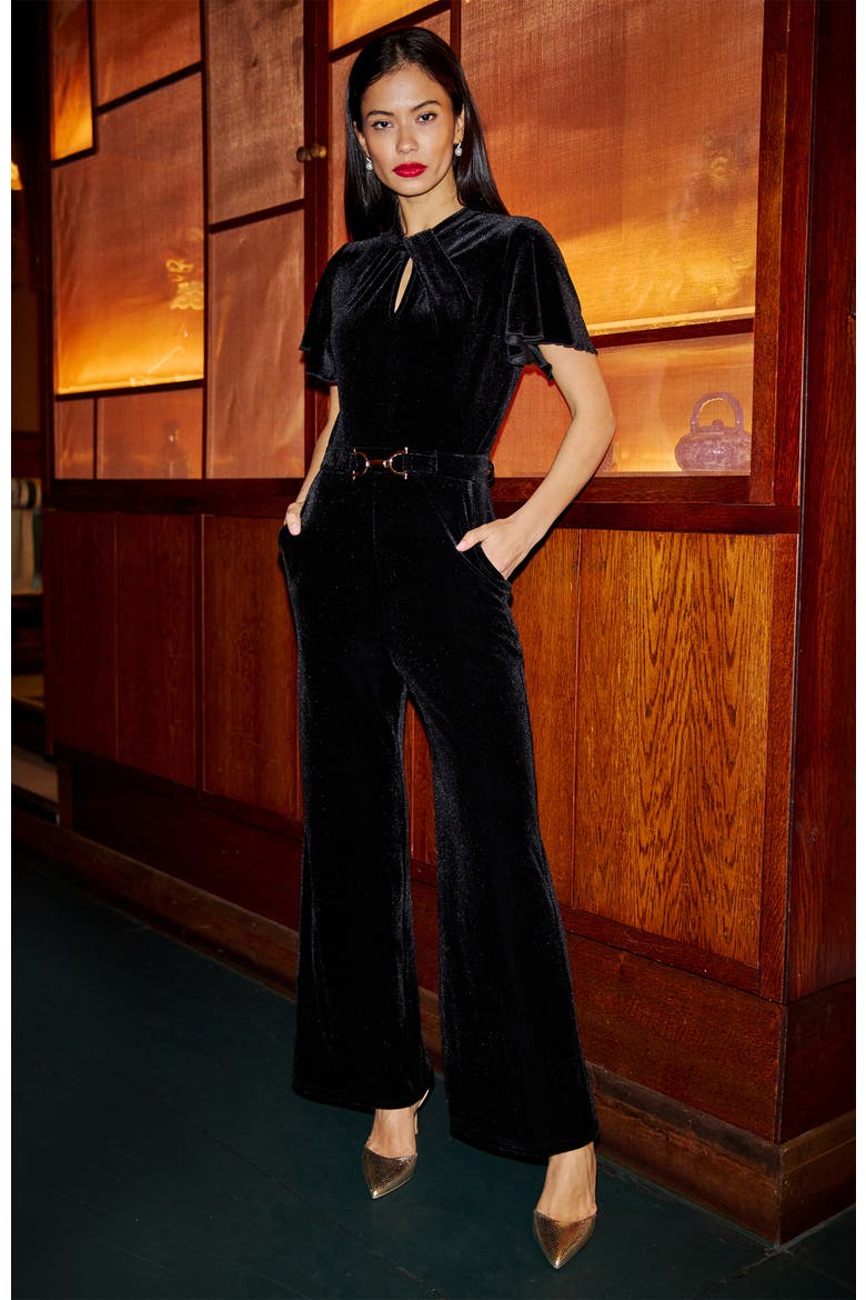 Velvet Buckle Detail Jumpsuit, Alternate, color, Black