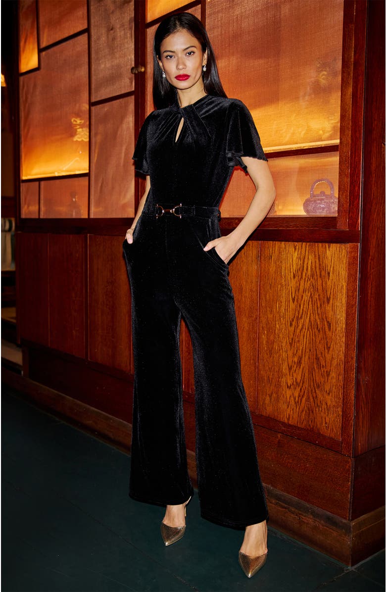 Yumi Velvet Jumpsuit with Buckle Detail, Alternate, color, Black