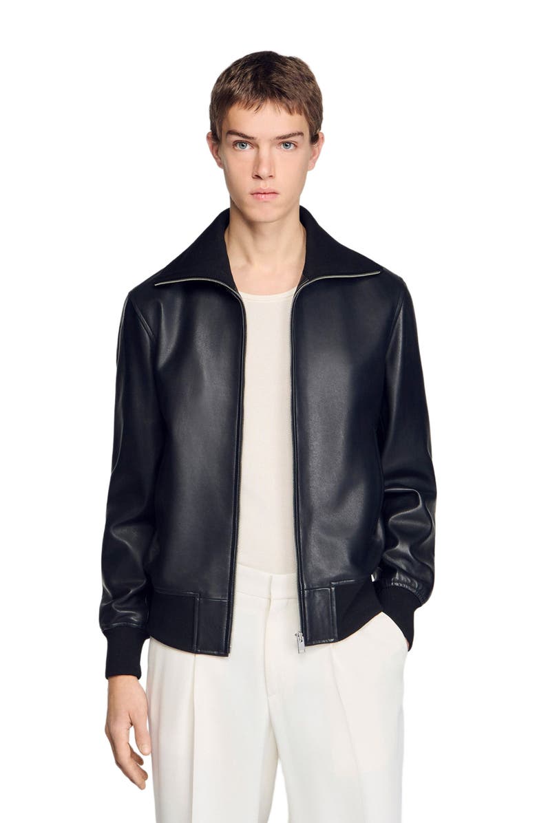 SANDRO Zipped leather jacket, Main, color, Black