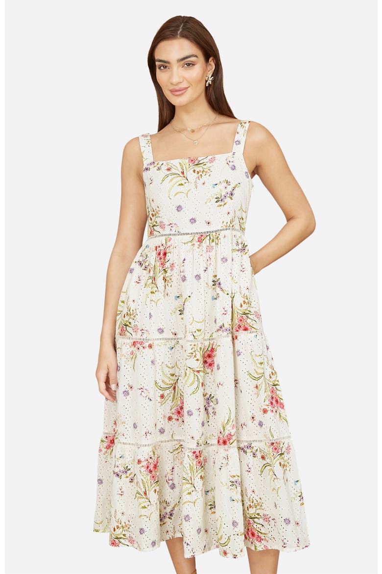 Floral Broderie Anglaise Midi Sun Dress, Alternate, color, Ivory