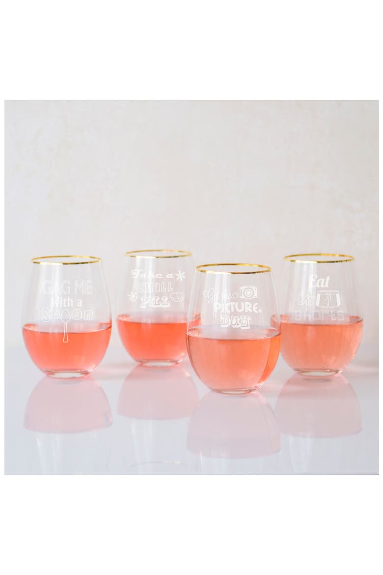 90's Sayings Set of 4 Etched Stemless Wine Glasses, Alternate, color, GOLD