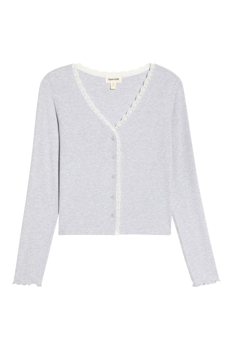 Daydream Lace Trim Rib Button-Up Lounge Top, Alternate, color, GREY HEATHER