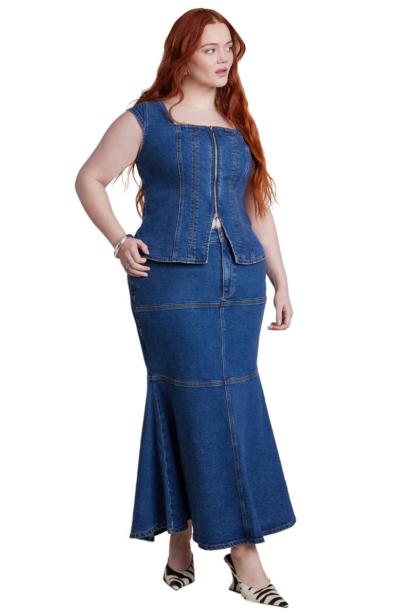 ELOQUII Denim Trumpet Maxi Skirt, Main, color, Medium Wash