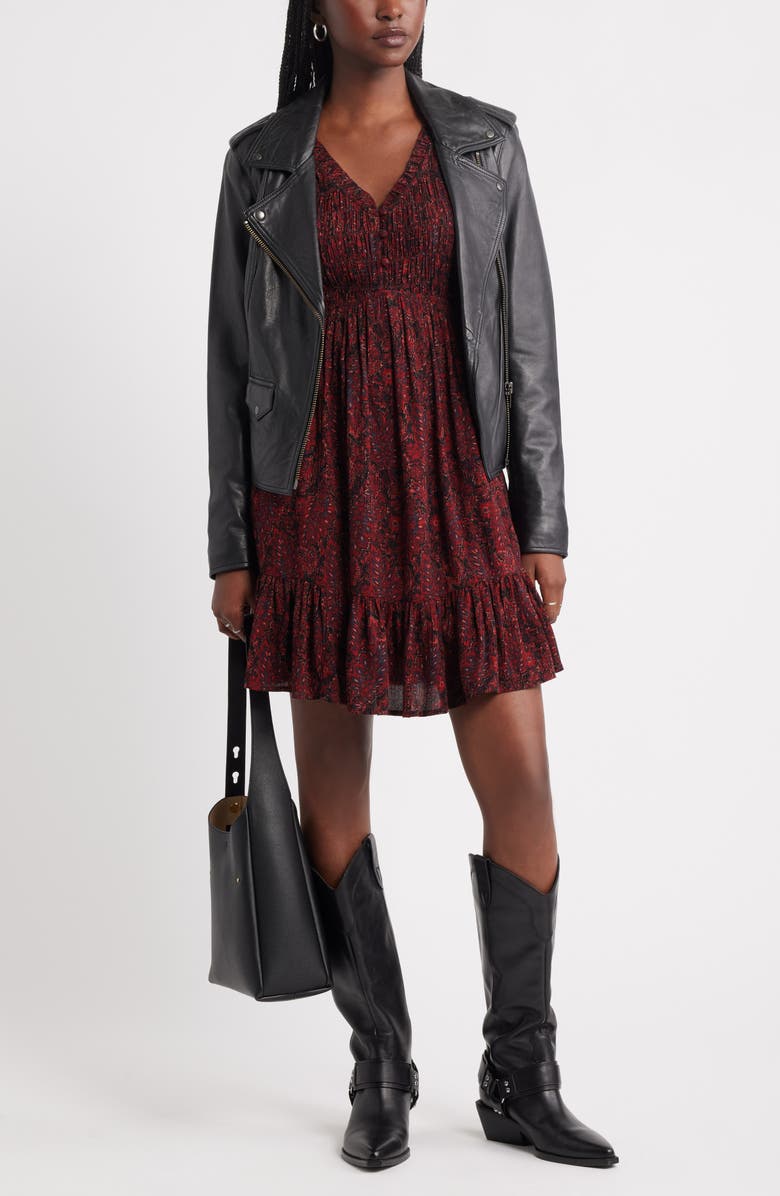 Treasure & Bond Long Sleeve Smocked Bodice Dress, Alternate, color, Black- Red Gemma Medallion