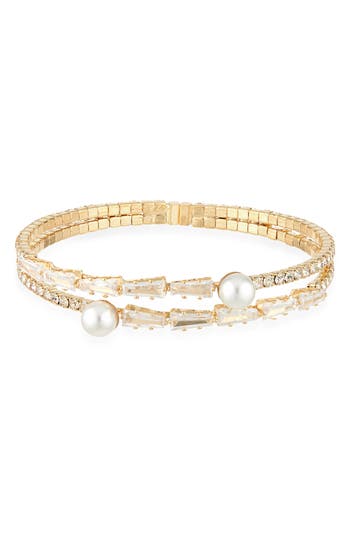 Tasha Crystal & Faux Pearl Bangle Bracelet In Gold