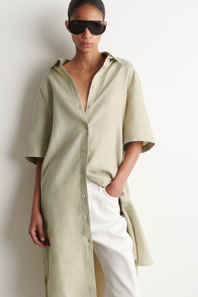 Short-Sleeved Linen Shirt Dress, Alternate, color, BEIGE