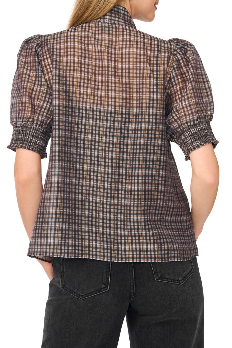 Plaid Tie Neck Short Sleeve Top, Alternate, color, RICH BLACK PLAID