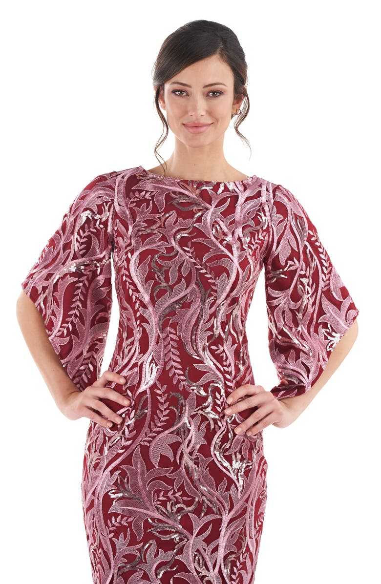 JS Collections Ruby Metallic Floral Cocktail Dress, Alternate, color, Wine/ Rouge