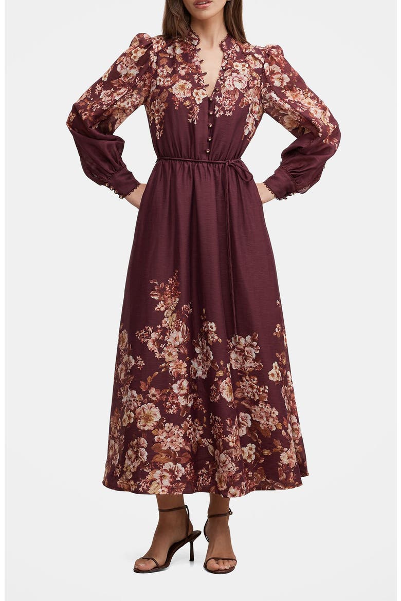 Peyton Belted Long Sleeve Button Front Maxi Dress, Main, color, WINE HAMPSHIRE FLORAL