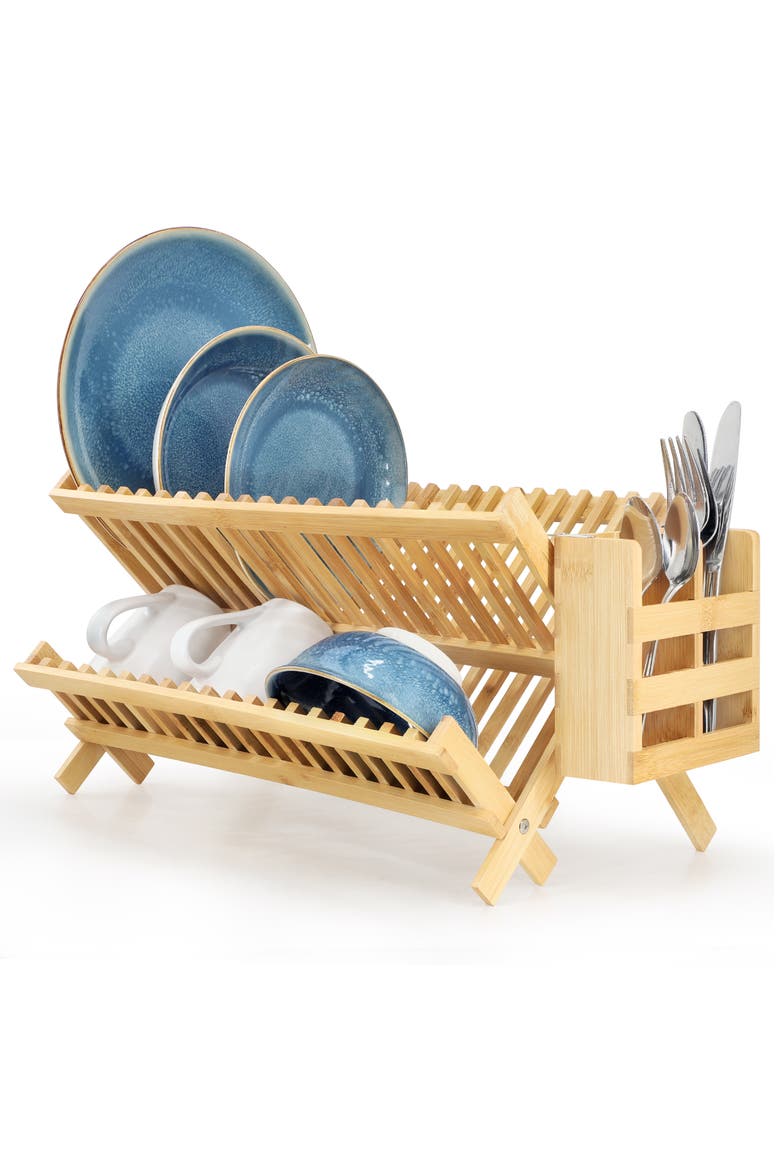 2 Tier Collapsible Kitchen Wood Drying Dish Rack, Main, color, Bamboo