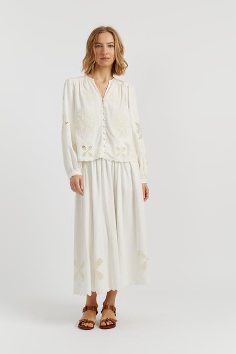 Linen-Blend Broderie Blouse