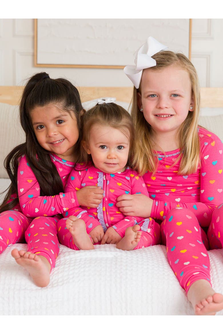 SoftSnooze Baby Girls Ruffle One Piece Convertible Pajamas, Alternate, color, Colorful Hearts
