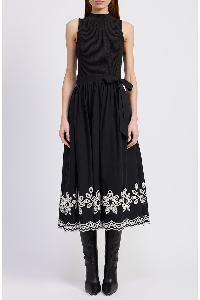 Isidora Embroidery Detail Mixed Media Midi Dress, Main, color, BLACK