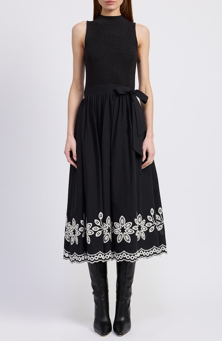 En Saison Isidora Embroidery Detail Mixed Media Midi Dress, Main, color, Black