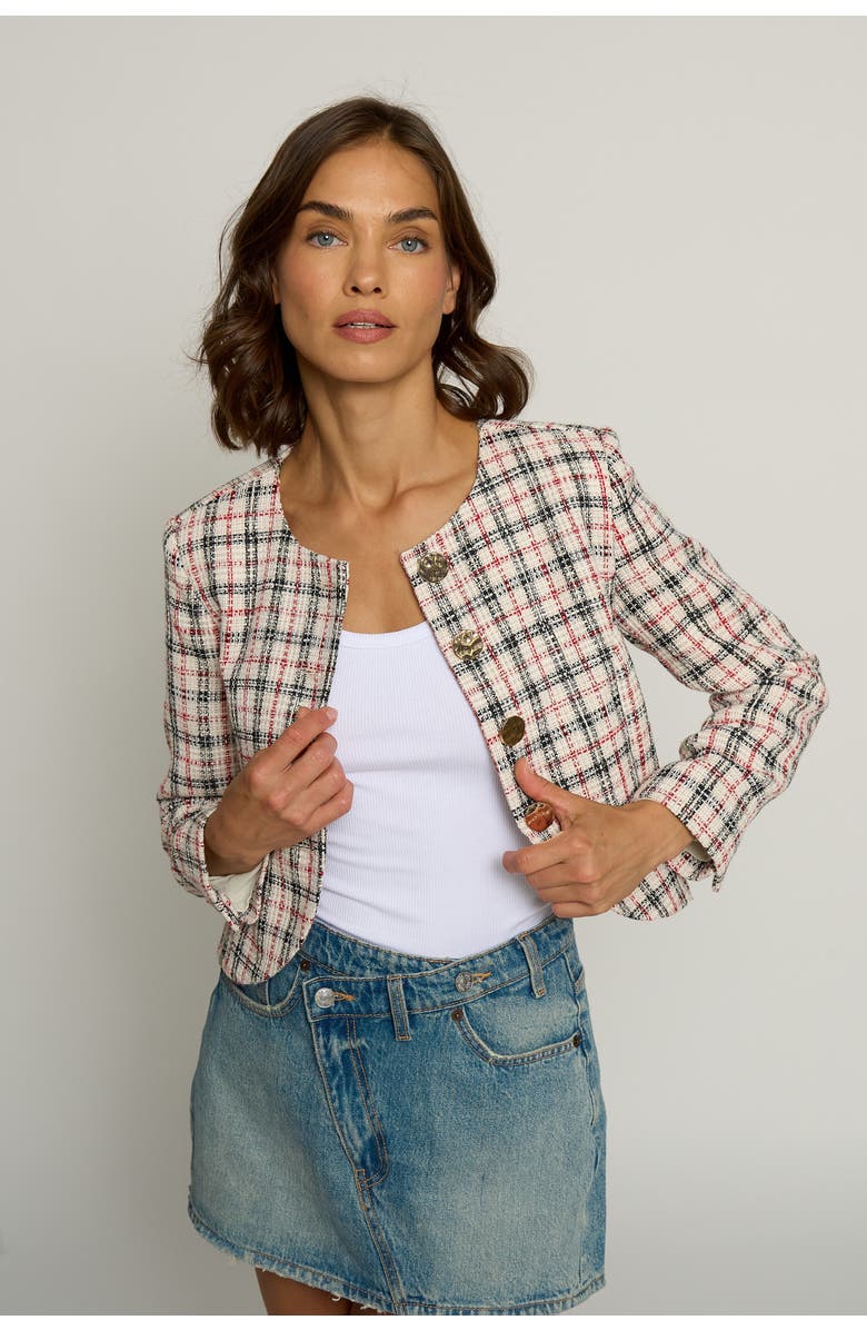 Central Park West Plaid Big Button Collarless Jacket, Main, color, 