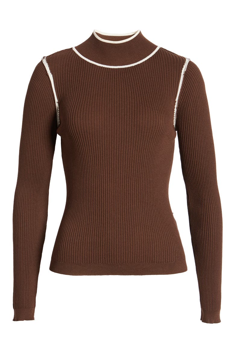 Contrast Seam Mock Neck Long Sleeve Top, Alternate, color, BROWN