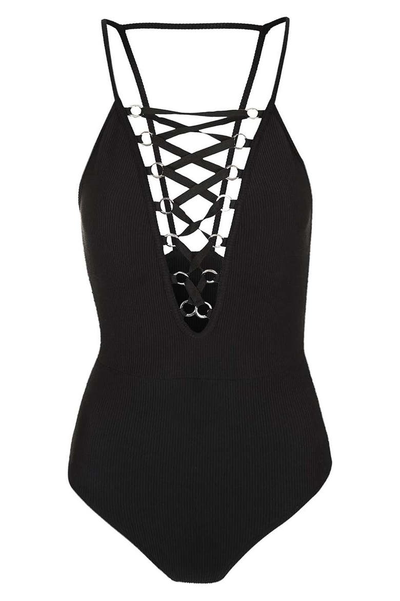 Lace-Up Ribbed Bodysuit, Alternate, color, BLACK