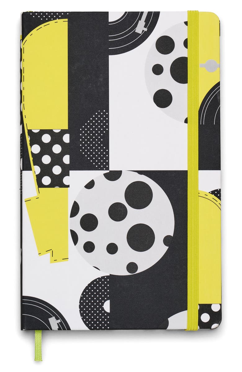 Moleskine x Marc Jacobs Joy Large Hard Cover Ruled Notebook, Main, color, Yellow / Black Polka Dots