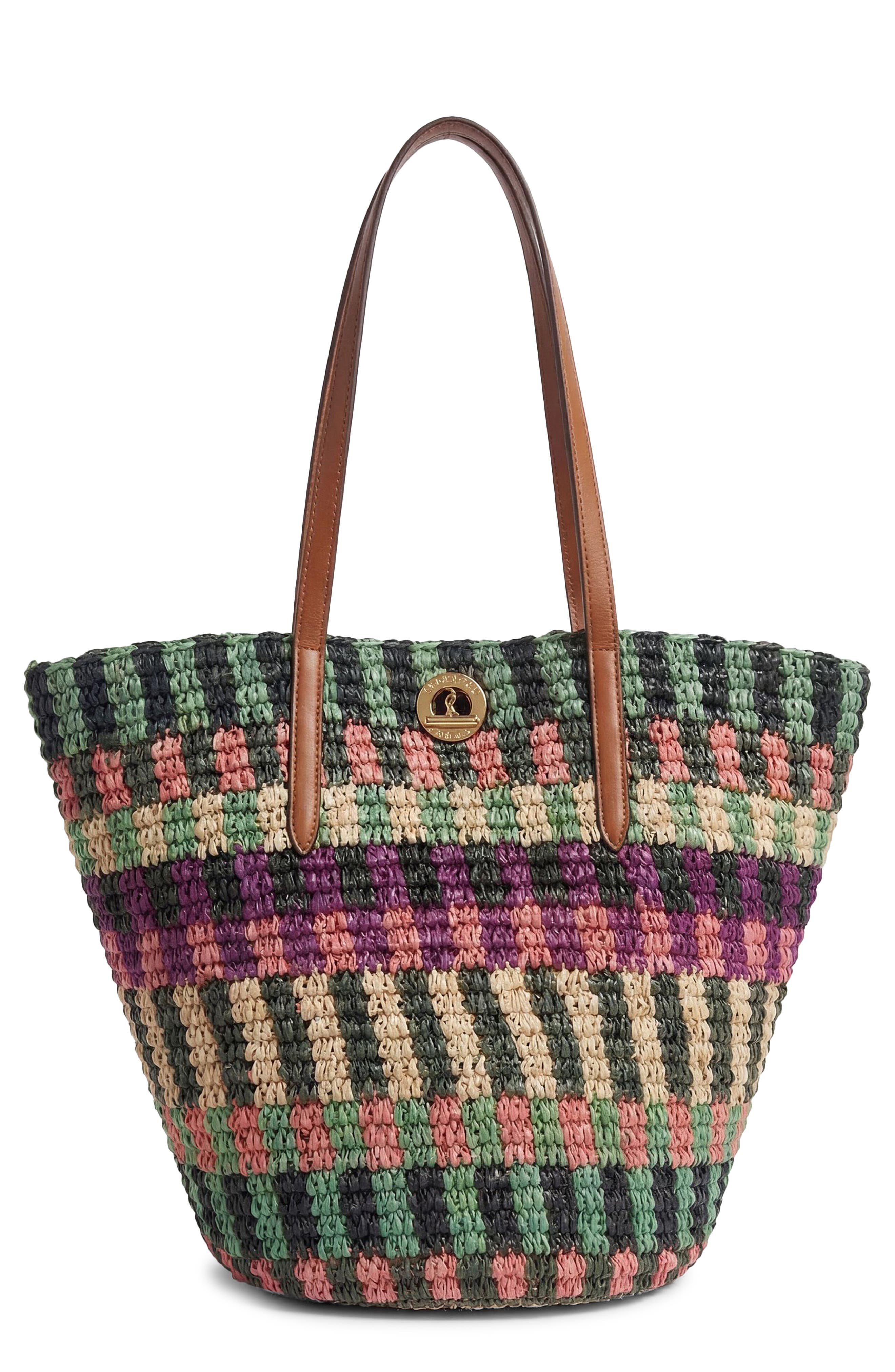 Veronica Beard Stripe Raffia Tote, Main, color, Berry Multi