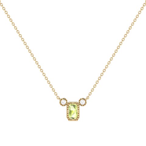 Emerald Cut Peridot & Diamond 14K Gold Birthstone Necklace