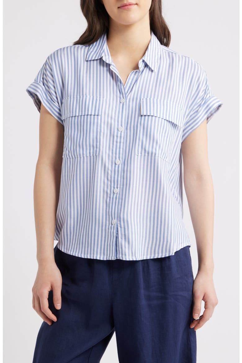 Kaiana Stripe Short Sleeve Button-Up Shirt, Main, color, CAPE BLUE
