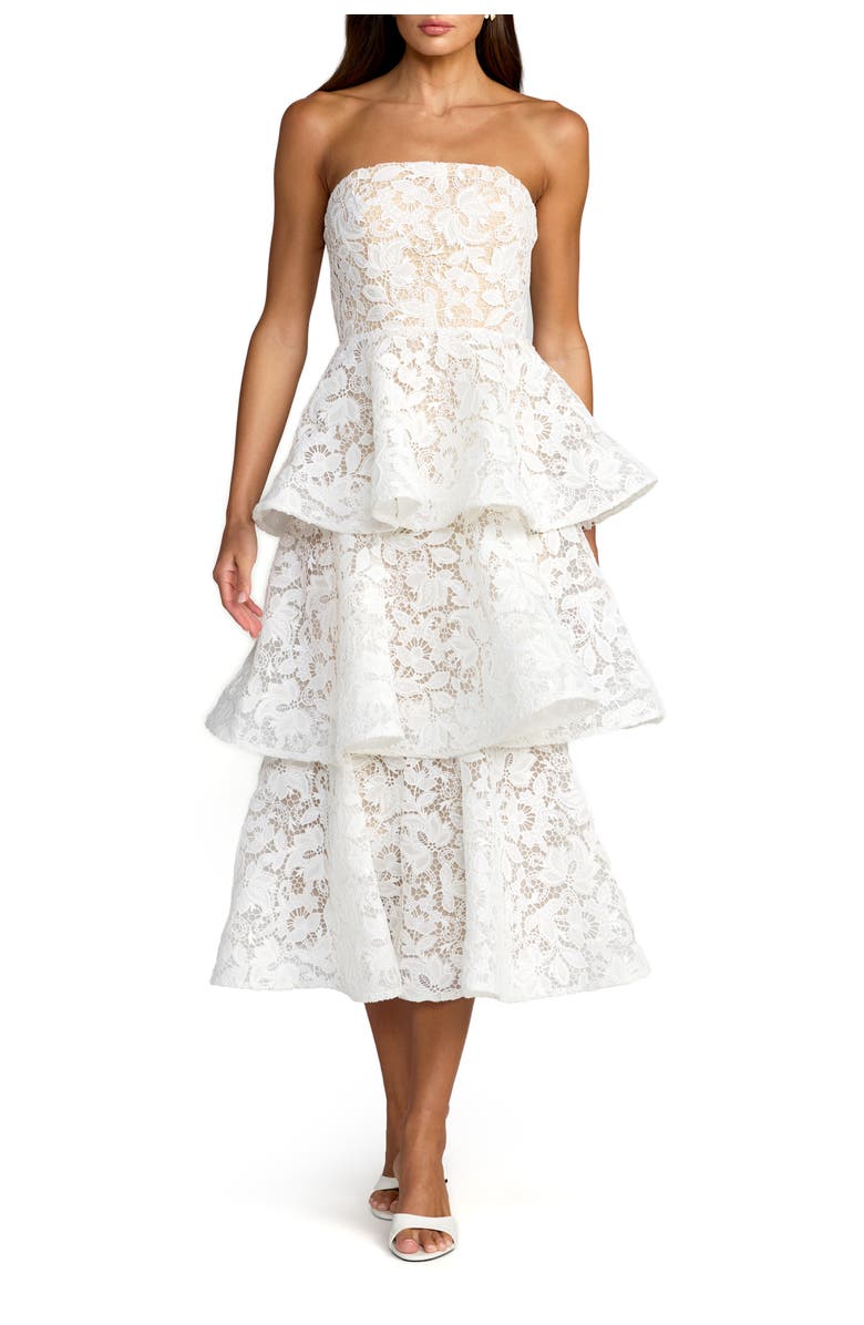 Mac Duggal Women's Strapless Lace Tiered Floral Detail Midi Dress, Main, color, Ivory