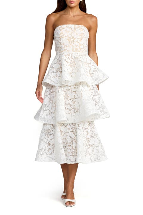 Women's Strapless Lace Tiered Floral Detail Midi Dress