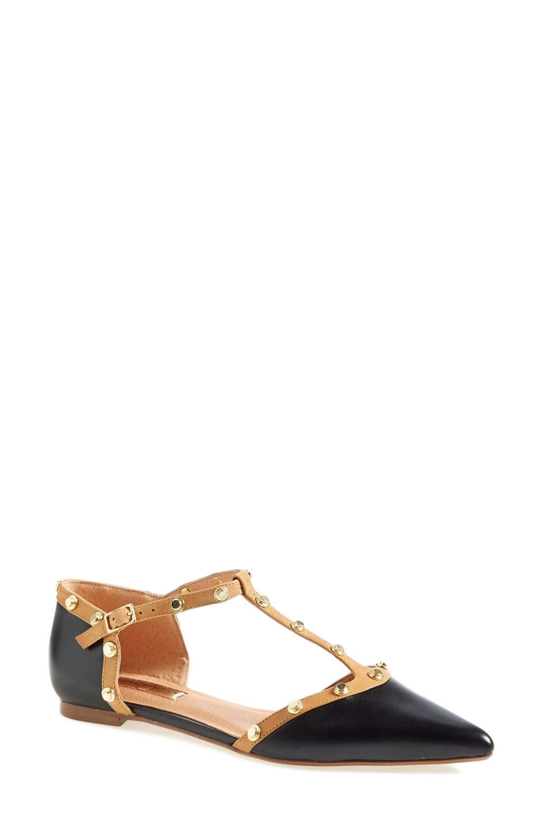 'Olson' Pointy Toe Studded T-Strap Flat (Nordstrom Exclusive), Main, color, BLACK LEATHER