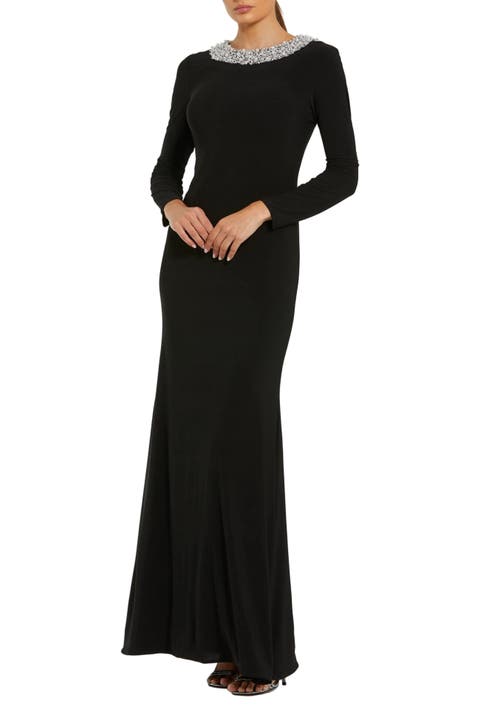 Jersey Long Sleeve Fitted Gown With Beaded Neck
