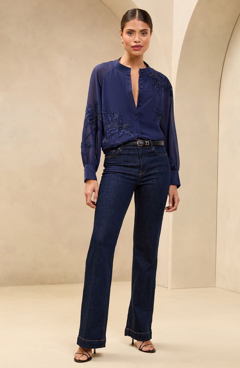 Lipsy Floral Appliqué Band Collar Button-Up Shirt, Alternate, color, Navy