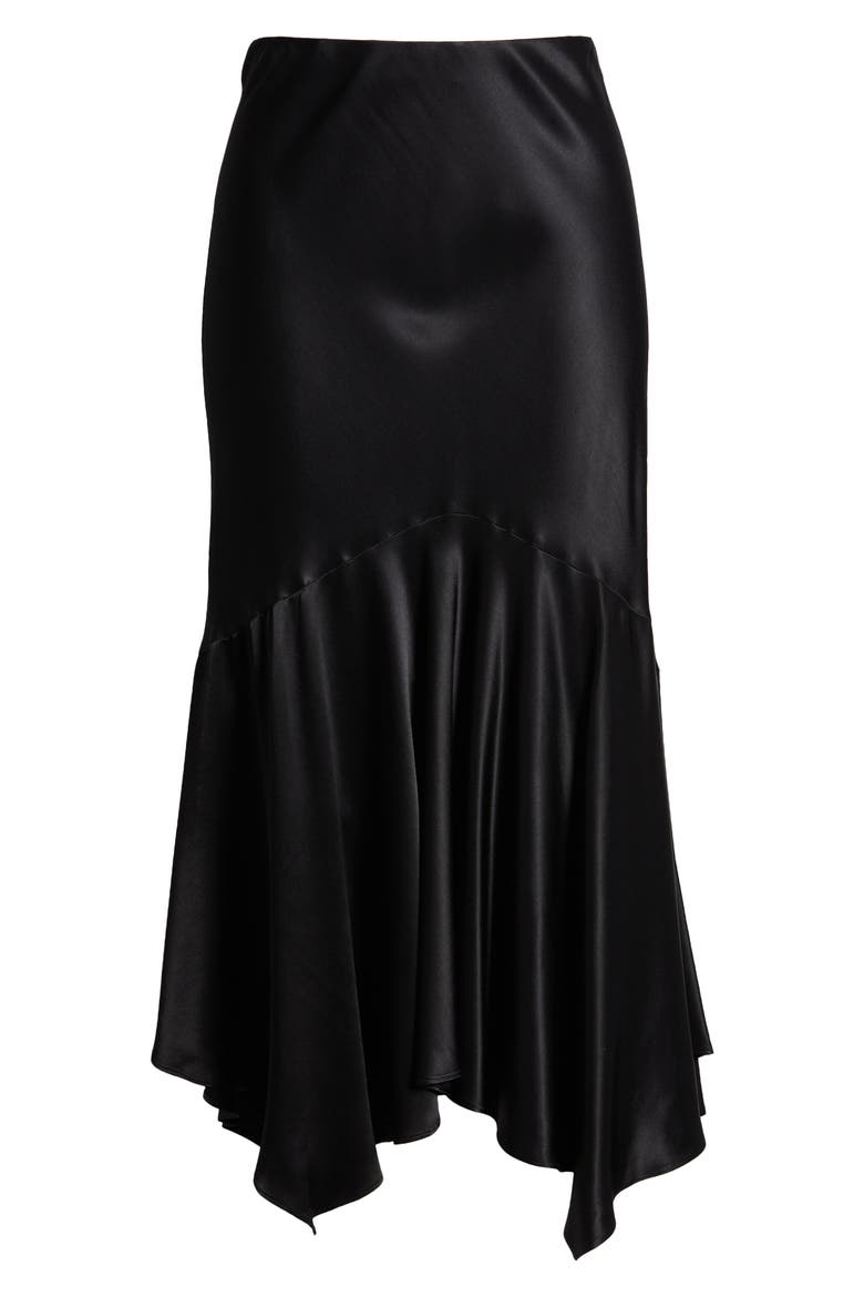 Edwina Asymmetric Satin Midi Skirt, Alternate, color, BLACK